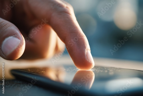 Close-Up of Finger Touching Smartphone Screen with Reflection