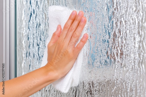 Hand Cleaning Shower Door with White Cloth and Water Marks