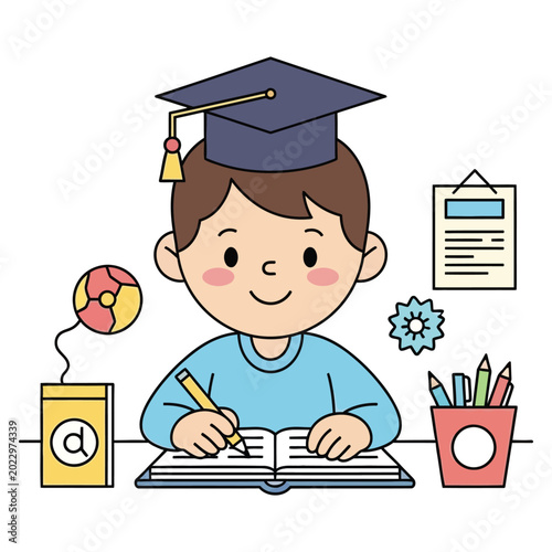 Quadro su tela A cute boy in a graduation cap sits at a desk with books and various school supplies, writing diligently