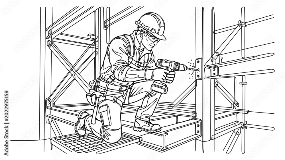 Fototapeta premium Construction worker on scaffolding with power tool.