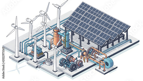 Photos isometric renewable energy plant with wind turbines solar panels and industrial