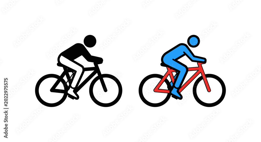 Obraz premium Two Cyclists Icon Set, Black and Blue Figures on Bicycles, White Background