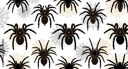 Tableau sur toile Spooky Spider Web Halloween Pattern - Black and Gold Tarantula Illustration