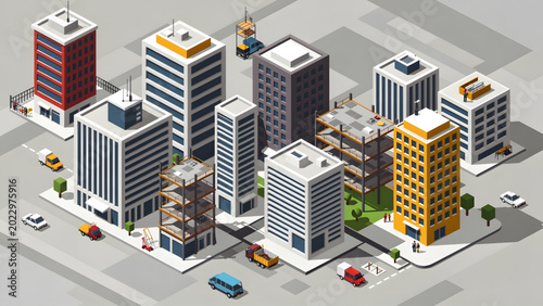 Billede på lærred isometric city buildings construction site urban blocks cars streets and trees