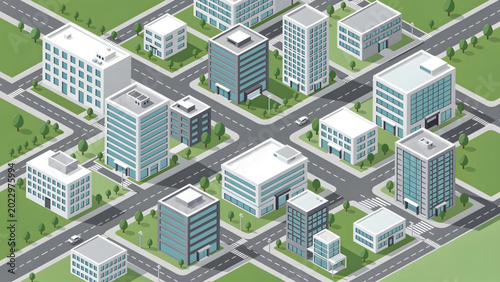 Bild auf Leinwand modern cityscape with gray and white buildings multiple crossroads and green spa