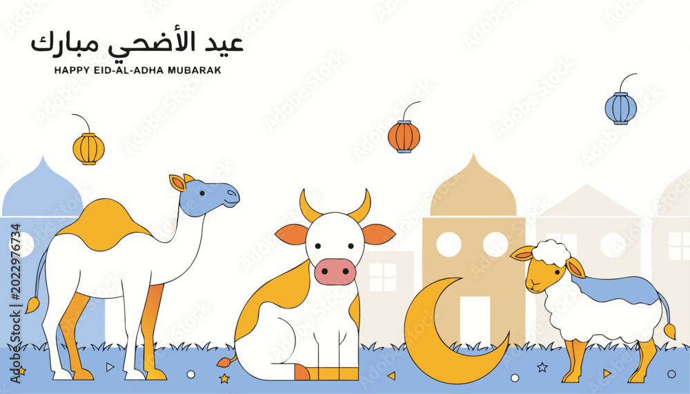 Fototapeta premium Happy eidaladha mubarak celebration with camel, cow, and sheep