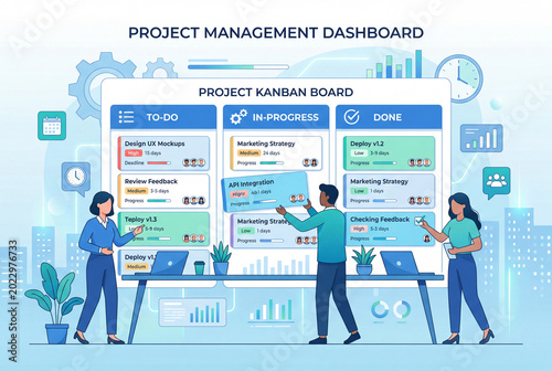 Clean flat vector illustration of a project management kanban workflow board. Popular for productivity apps, agile methodology, and business process content.