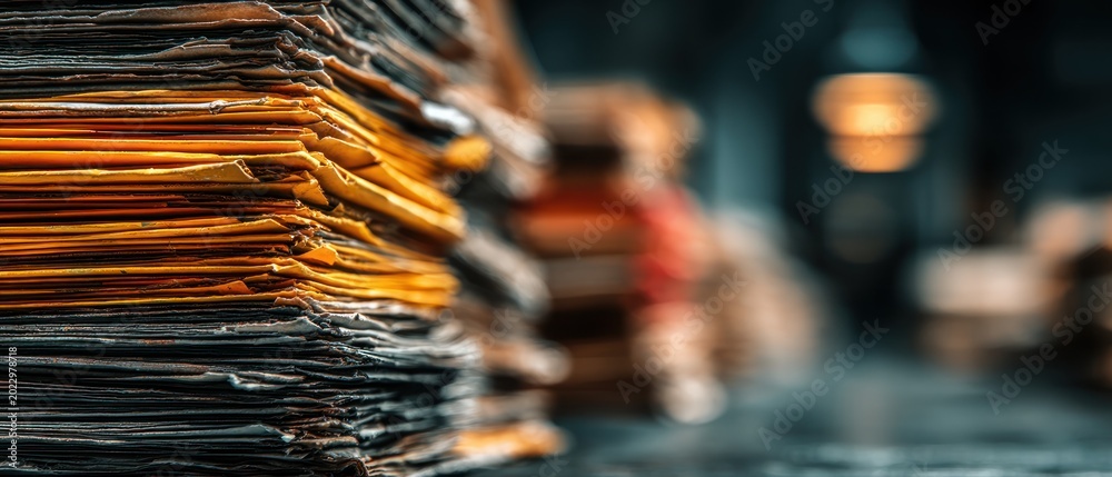Obraz premium A thick stack of aged, worn paper documents creating an abstract textured background