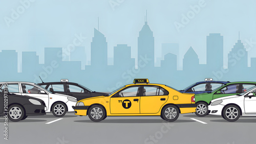 Obraz na plátně yellow city taxi cab with urban skyline background cars standing on street