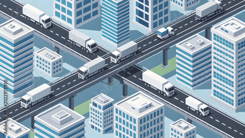 Foto isometric cityscape with white trucks on intersecting elevated roads in blue urb