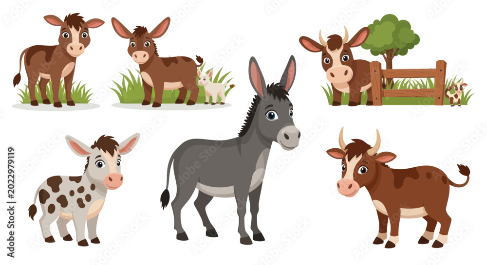 Fototapeta premium Cute Farm Animals Collection: Cows, Donkeys, and Calves