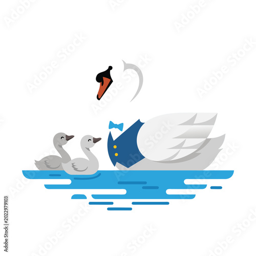 Schilderij op canvas Elegant Swan Father with Cygnets on Water.