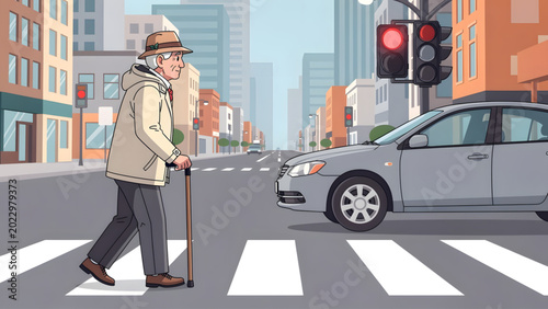 Bild auf Leinwand elderly man crossing city street using cane with traffic light and sedan vehicle