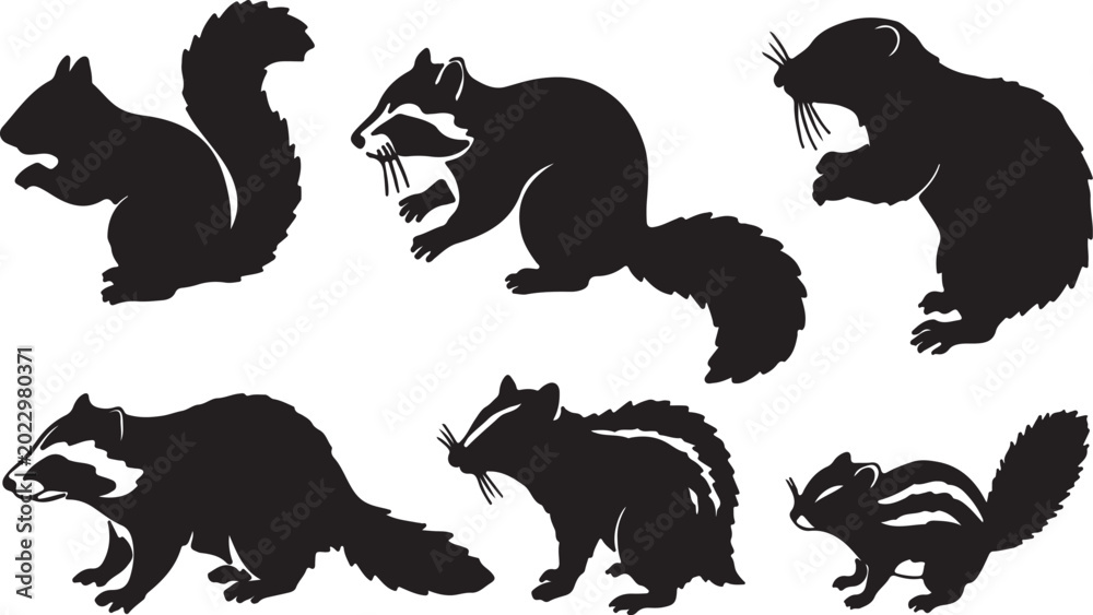 Fototapeta premium Various animal silhouettes including skunks, raccoons, and squirrels are gathered.