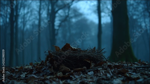 A Small Bird's Nest Constructed from Withered Leaves and Twigs on the Forest Floor