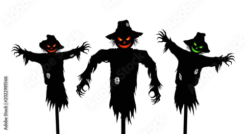 Foto Spooky Halloween Scarecrows with Glowing Eyes on White Background