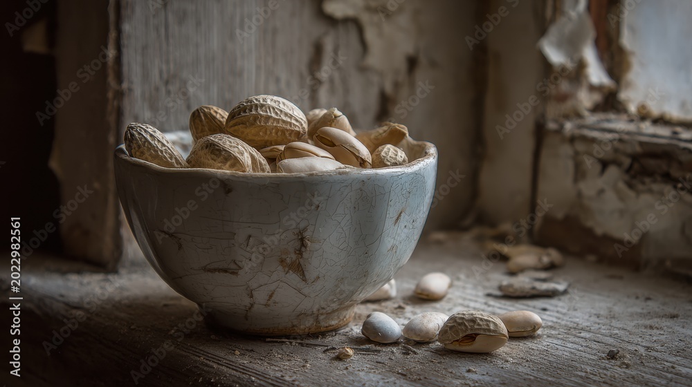 Fototapeta premium Cracked Ceramic Bowl Overflowing With Dried Peanuts on a Rustic Wooden Surface