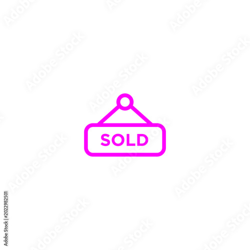 Simple magenta vector illustration of a hanging sign displaying the word 'SOLD', representing a finished sale, property acquisition, or out-of-stock item status indication