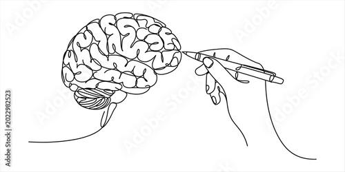Bild auf Leinwand Continuous single line drawing of a human brain being drawn by a hand holding a