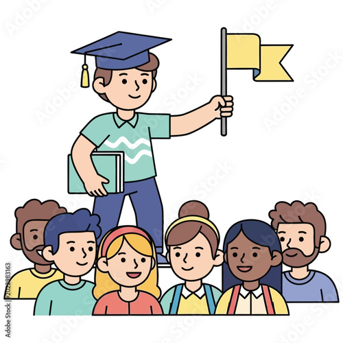 Student leader with graduation cap holding yellow flag and books with diverse group.