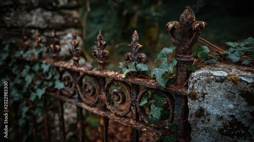 Intricate Wrought Iron Gate with Rusty Patina and Overgrown Greenery