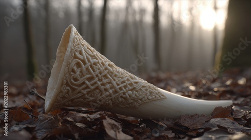 Intricately Carved Bone Whistle Resting on a Forest Floor