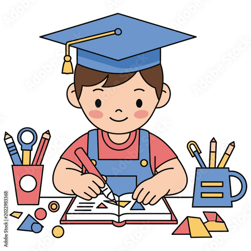 Cute little boy student character learning and studying, kindergarten child with graduation hat doing school homework.