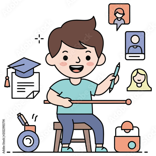 Cute boy holding pencil and ruler sits at desk with school supplies and graduation cap illustration.