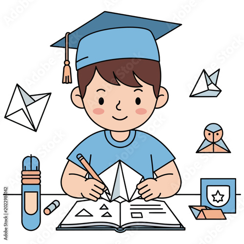 Young student in graduation hat practicing origami art with paper shapes and drawing tools.