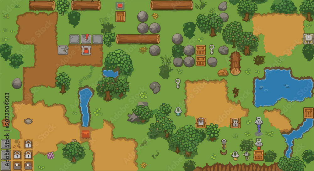 Fototapeta premium Retro pixel art game map, 2D top-down forest landscape with trees and water, vintage RPG level design assets, green nature game background vector