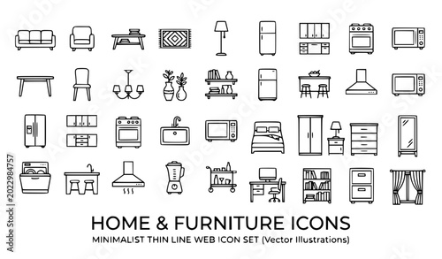 Furniture and home interior thin line icon set vector collection