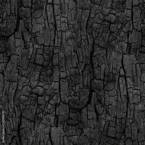 Detailed Close-Up of Charred Tree Bark Texture in Black and Gray Tones.