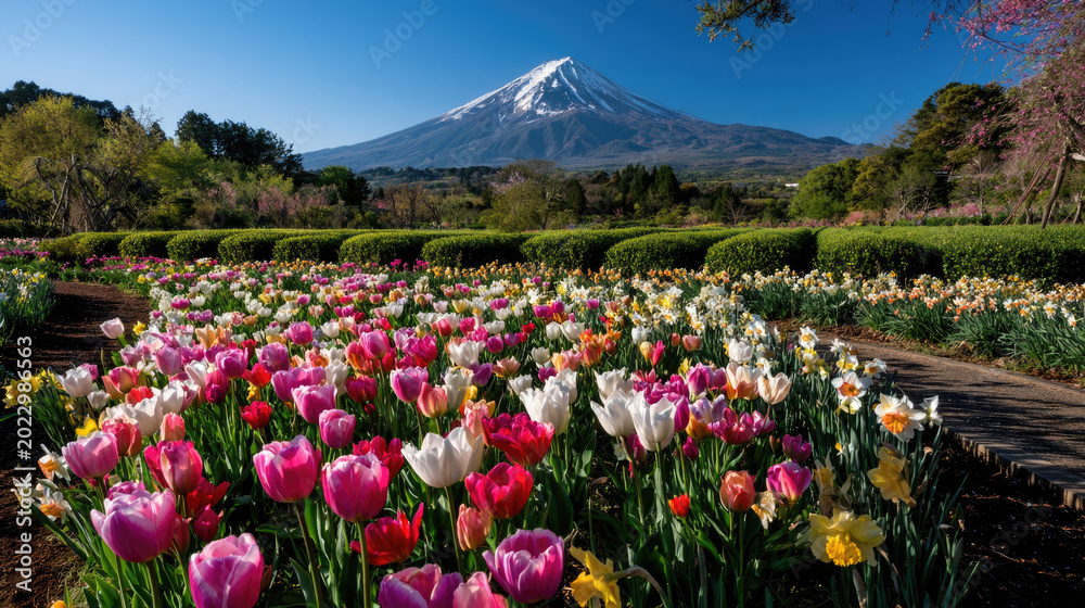 Fototapeta premium One of the most visit destination in Japan, beautiful view of Mount Fuji or Fujiyama with colorful blooming flower garden. 