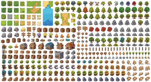 Quadro su tela Pixel art game assets collection, 2D RPG world map constructor kit, fantasy envi