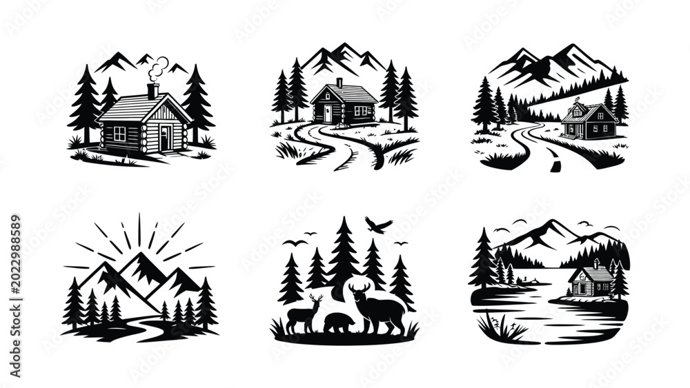 Fototapeta premium Black and White Mountain Cabins Scenic Forest Landscape Vector Art Designs Isolated