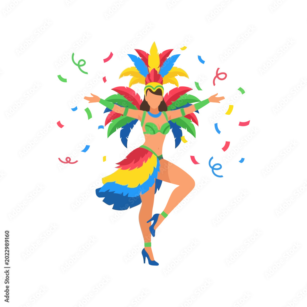 Obraz premium A woman in a vibrant, feathered costume dances amidst falling confetti, celebrating a festive occasion.