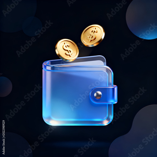 Conceptual 3D illustration of golden dollar coins falling into a transparent glass wallet symbolizing digital savings and financial success background.