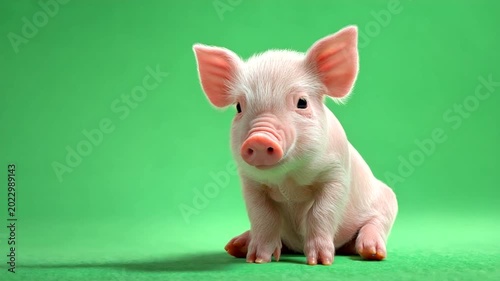 Cute piglet sitting on green background, playful pose