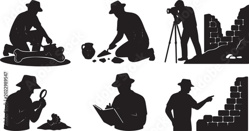 Photos Black Solid Outdoor Site Archaeologist Silhouettes Set of Six on White Backgroun