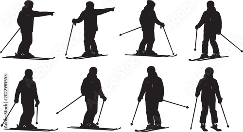 Bild auf Leinwand Black Solid Outdoor Ski Instructor Silhouettes Set of Six on White Background