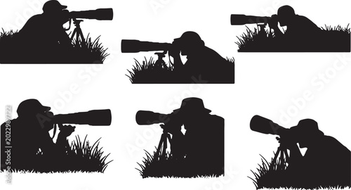 Foto Black Solid Outdoor Wildlife Photographer Silhouettes Set of Six on White Backgr