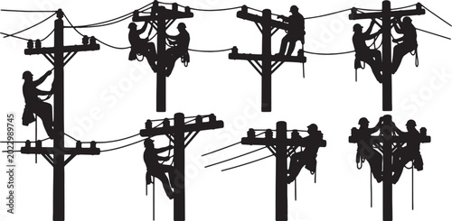 Bild auf Leinwand Black Solid Outdoor Utility Pole Lineman Silhouettes Set of Six on White Backgro
