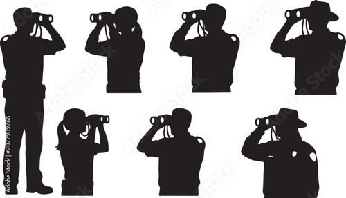 Photos Black Solid Park Rangers Looking Binoculars Silhouettes Set of Six on White Back