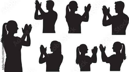 Konstfotografi Black Solid Personal Trainers Clapping Silhouettes Set of Six on White Backgroun