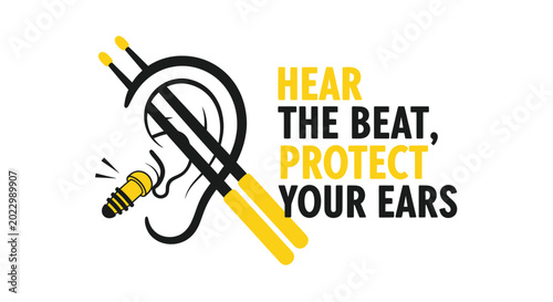Fotografie Hear the Beat Protect Your Ears - Drumsticks in Ear with Earplug