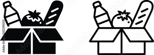 Black and White Stylized Illustrations of an Open Cardboard Box Packed with Rations, Modern Supermarket E-Commerce, Food Bank Donation, and Meal Kit Vector Graphics.
