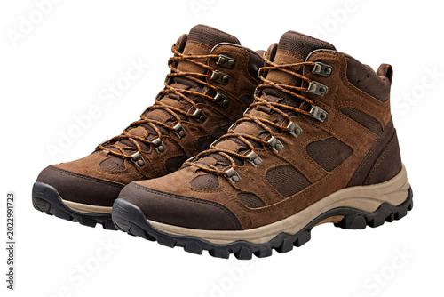 Bild auf Leinwand Pair of brown leather hiking boots png transparent isolated