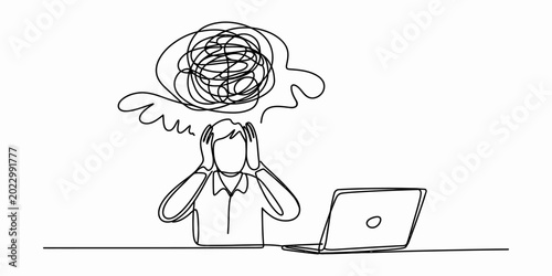 Stressed person with a messy mind working on a laptop computer drawn in a continuous line art style