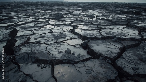 Rainwater reflections inside fractured ancient lava formations