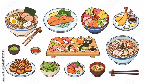 Bild auf Leinwand Japanese food collection vector illustration featuring ramen sushi takoyaki sash
